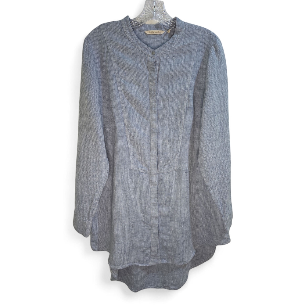 Soft Surroundings Linen Blue Soft Tweed Tunic‎ Women's Medium Mandarin Collar